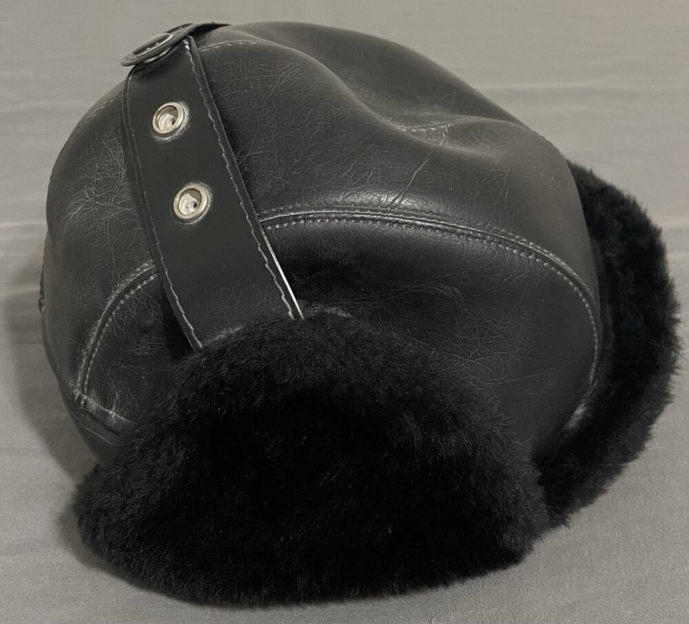 Vtg Arctic Trooper Trapper Hat Medium Black Leather Fur Dacron Insulated